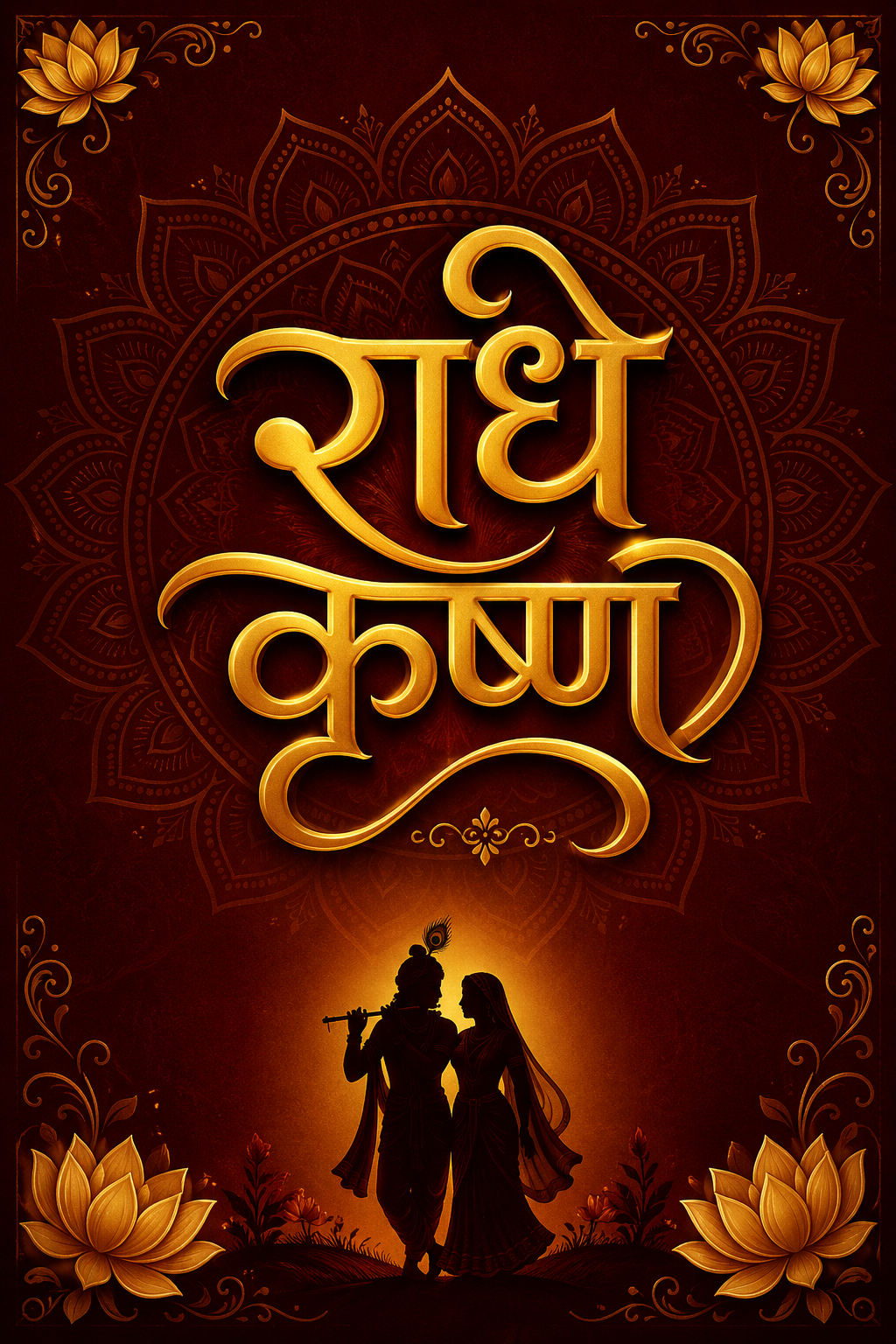 Radhe Krishna written in elegant golden Hindi Devanagari with mandala and lotus decorations